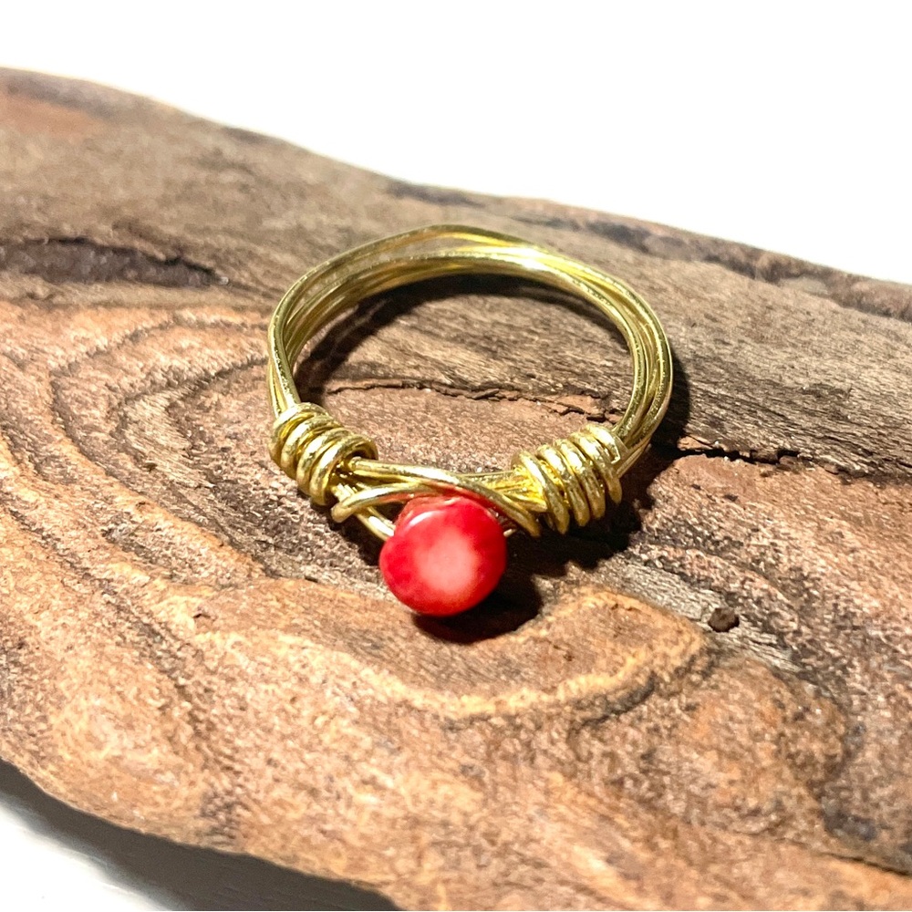 Artisan Red Stone and Gold Wire Wrapped Ring Size 5